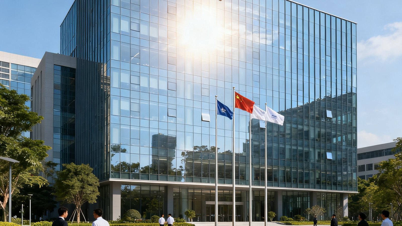 华体会HTH深圳总部办公楼外景，现代玻璃幕墙建筑在阳光下熠熠生辉，楼前广场上飘扬着公司旗帜，绿化带环绕四周，员工三三两两在园区内交流